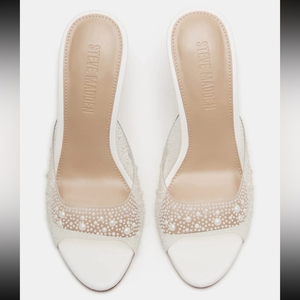 Steve Madden Peach PVC  Open Toe White Pearl Embellished Heels - Picture 4 of 9